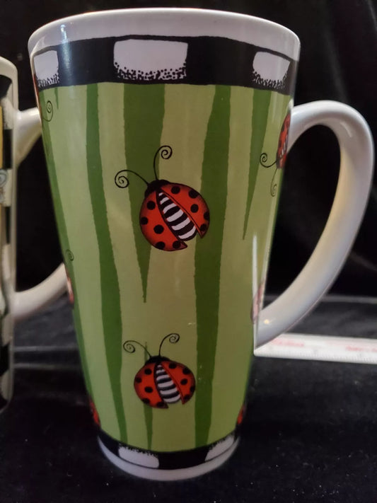 2 Alicia Tormey Stoneware Lady Bug & Dragonfly Me Coffee Tea Mug Cup Cartoon. Tall. Vintage.