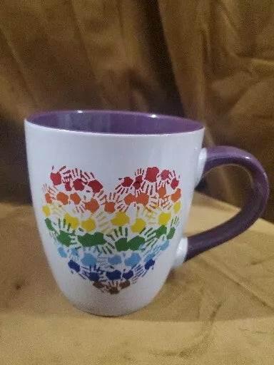 "Love Always Wins" Mug. Rainbow Hand Heart. Purple Handle. Love Mug