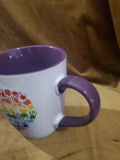 "Love Always Wins" Mug. Rainbow Hand Heart. Purple Handle. Love Mug