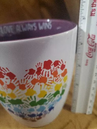 "Love Always Wins" Mug. Rainbow Hand Heart. Purple Handle. Love Mug