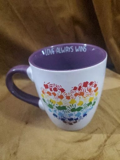 "Love Always Wins" Mug. Rainbow Hand Heart. Purple Handle. Love Mug